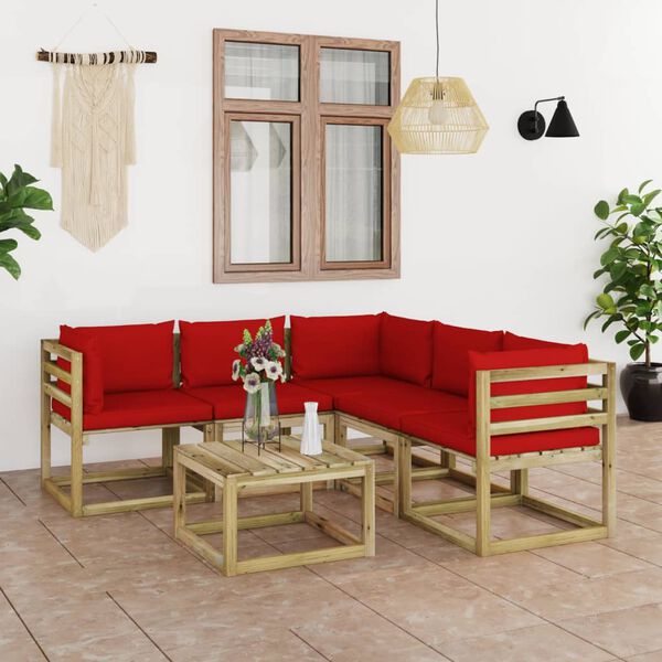 vidaXL 6 pcs conjunto lounge de jardim c/ almofad&otilde;es vermelhos
