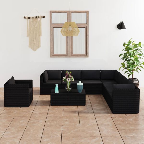 vidaXL 10 pcs conjunto lounge de jardim c/ almofad&otilde;es vime PE preto