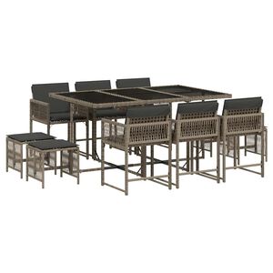vidaXL 11 pcs conjunto jantar p/ jardim c/ almofad&otilde;es vime PE cinzento