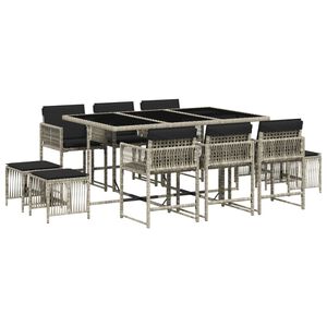 vidaXL 11 pcs conjunto jantar p/ jardim c/ almofad&otilde;es vime PE cinzento