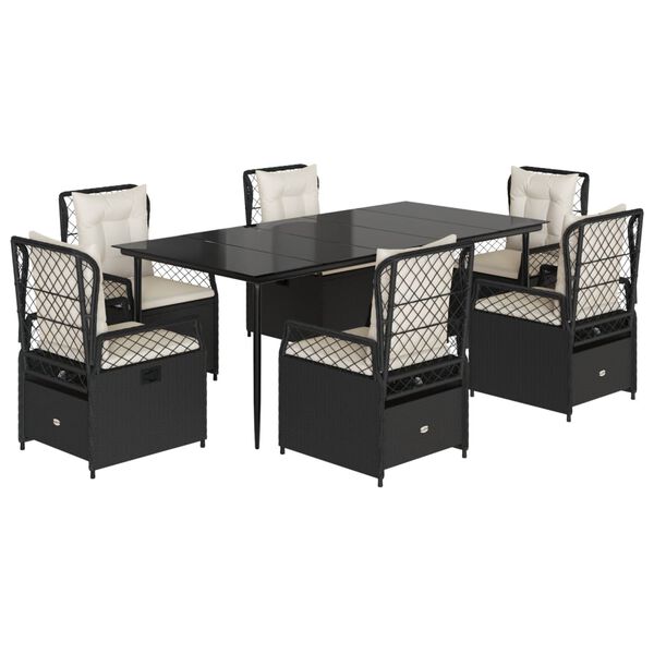 vidaXL 7 pcs conjunto de jantar p/ jardim c/ almofad&otilde;es vime PE preto