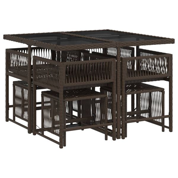 vidaXL 9 pcs conjunto jantar p/ jardim c/ almofad&otilde;es vime PE castanho