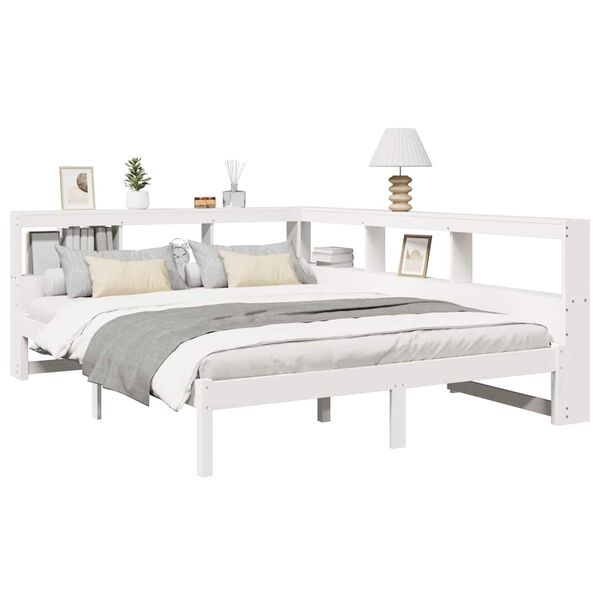 vidaXL Cama com estante sem colch&atilde;o 140x190 cm pinho maci&ccedil;o branco