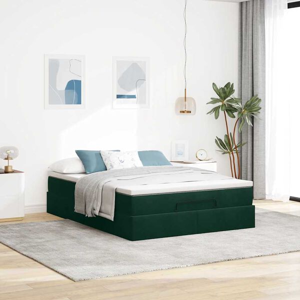 vidaXL Estrutura de cama otomana com colch&atilde;o 140x190cm verde escuro