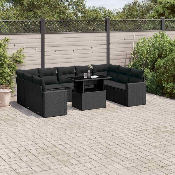 vidaXL 10 pcs conjunto sof&aacute;s de jardim c/ almofad&otilde;es vime PE preto