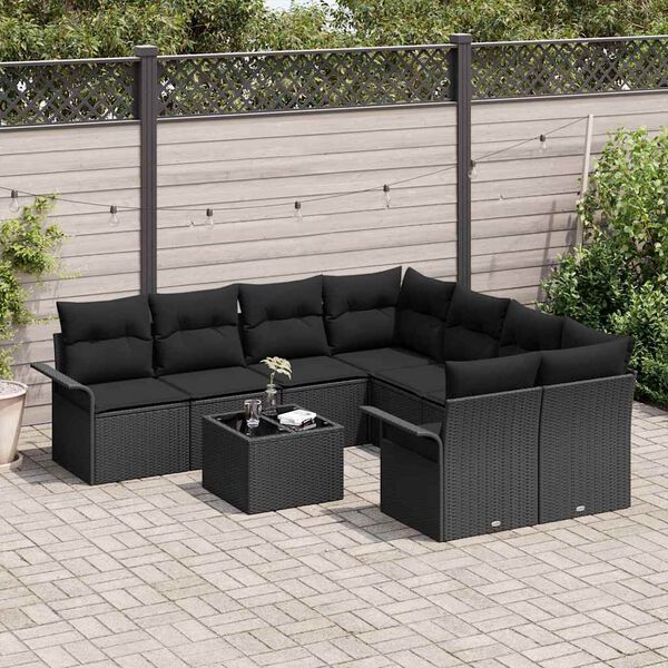 vidaXL Conjunto de Sof&aacute; de Jardim 9 pcs Preto Rattan e A&ccedil;o e Vidro