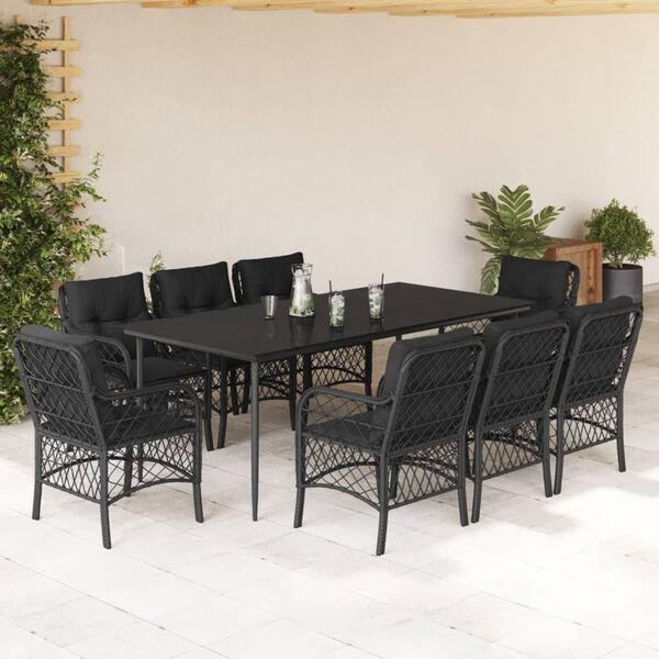 vidaXL 9 pcs conjunto de jantar p/ jardim c/ almofad&otilde;es vime PE preto