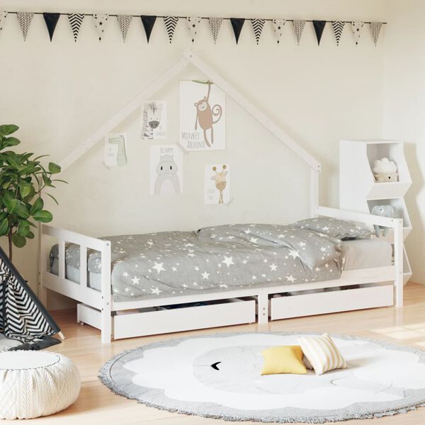vidaXL Estrutura cama infantil c/ gavetas 90x190cm pinho maci&ccedil;o branco