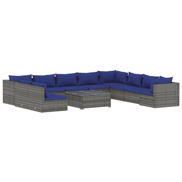 vidaXL 11 pcs conjunto lounge de jardim c/ almofad&otilde;es vime PE cinzento