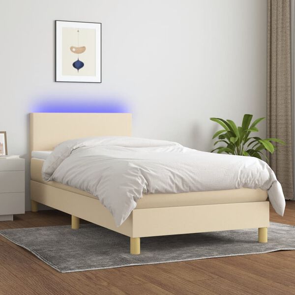 vidaXL Cama box spring c/ colch&atilde;o e LED 90x190 cm tecido cor creme