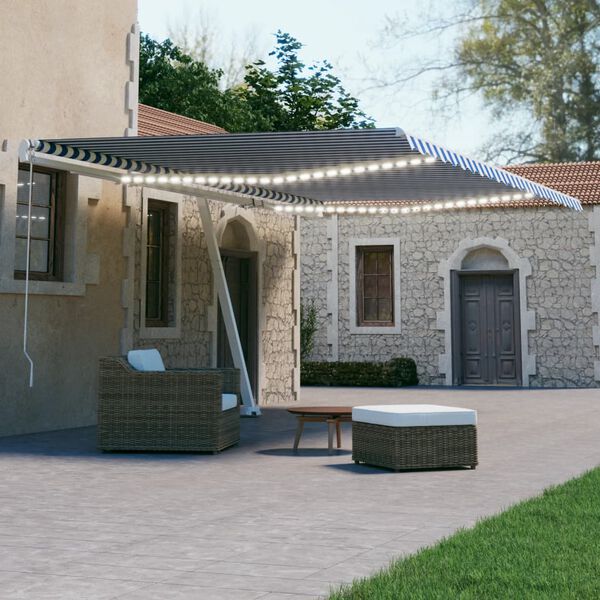 vidaXL Toldo autom&aacute;tico LED e sensor de vento 600x300 cm azul e branco