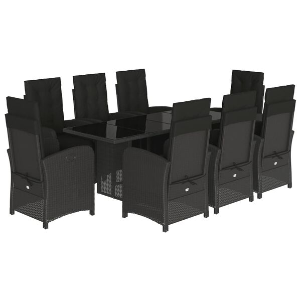 vidaXL 9 pcs conjunto de jantar p/ jardim c/ almofad&otilde;es vime PE preto