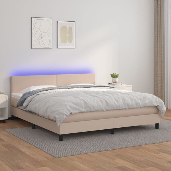 vidaXL Cama box spring c/colch&atilde;o/LED 180x200cm couro artif. cappuccino
