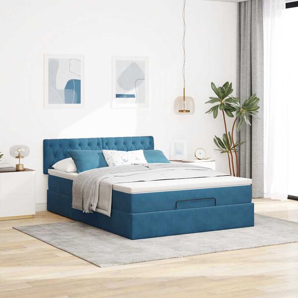 vidaXL Estrutura de cama otomana com colch&atilde;o 140x200 cm azul escuro