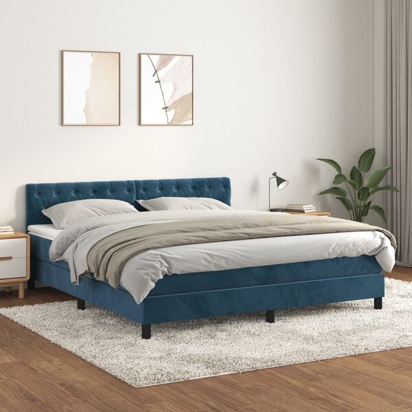 vidaXL Cama com molas/colch&atilde;o 160x200 cm veludo azul-escuro