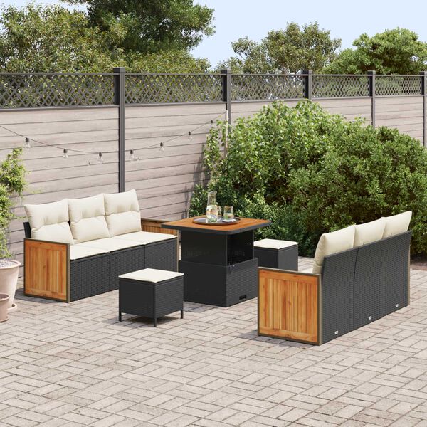 vidaXL Conjunto de Sof&aacute; de Jardim com almofada 9 pcs Preto e Creme