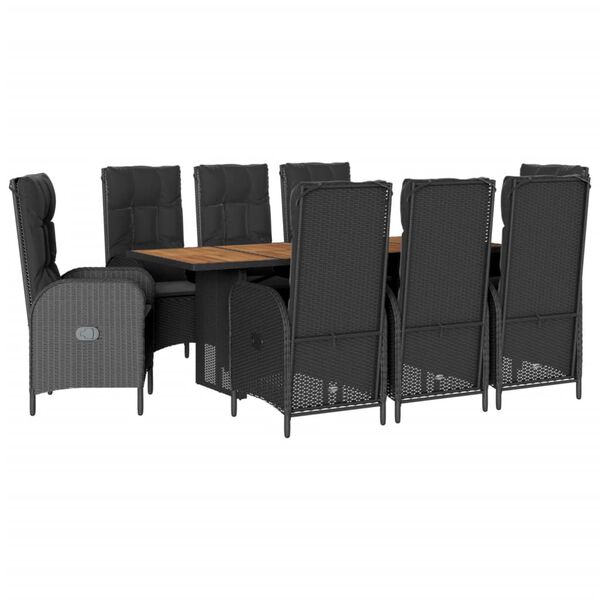vidaXL 9 pcs conjunto de jantar p/ jardim c/ almofad&otilde;es vime PE preto