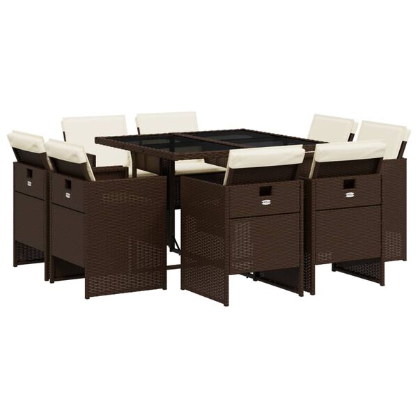 vidaXL 9 pcs conjunto jantar p/ jardim c/ almofad&otilde;es vime PE castanho