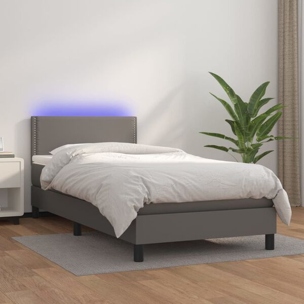vidaXL Cama box spring c/ colch&atilde;o/LED 100x200cm couro artificial cinza