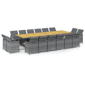 vidaXL 17 pcs conjunto jantar p/ jardim c/ almofad&otilde;es vime PE cinzento