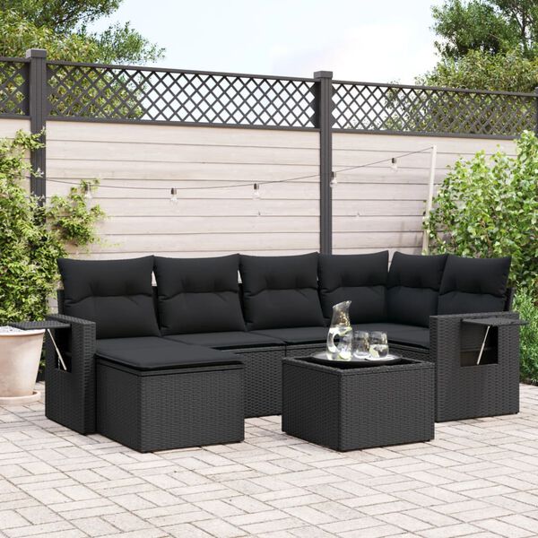 vidaXL 7 pcs conjunto de sofás p/ jardim c/ almofadões vime PE preto