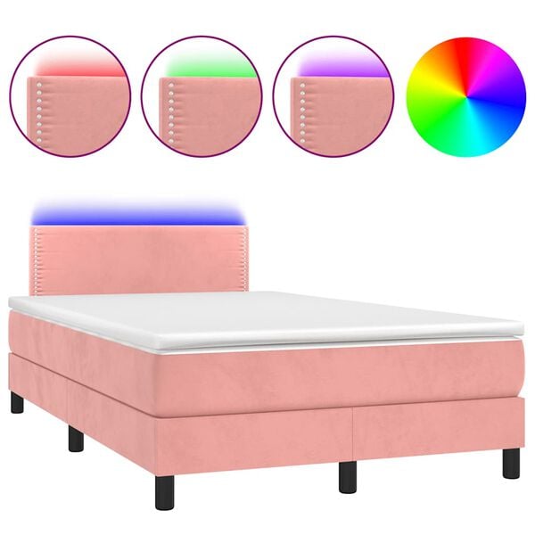 vidaXL Cama box spring c/ colch&atilde;o luzes e LED 120x190 cm veludo rosa