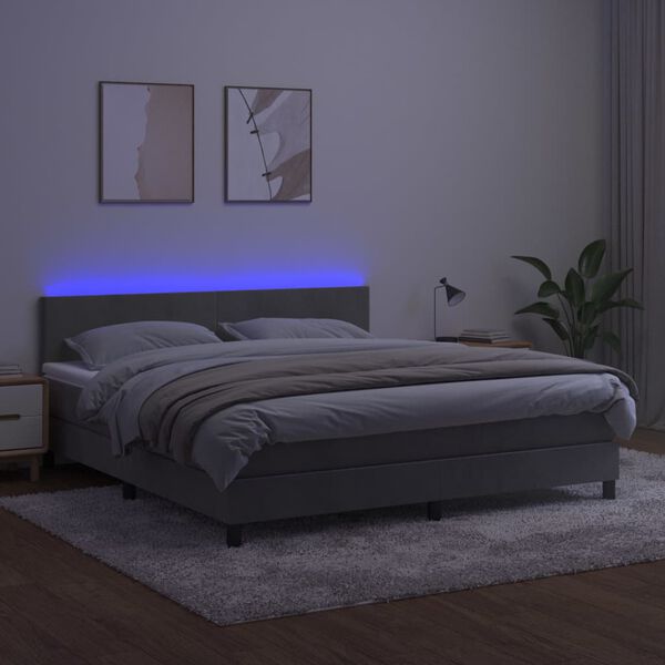 vidaXL Cama box spring c/ colch&atilde;o/LED 160x200 cm veludo cinzento-claro
