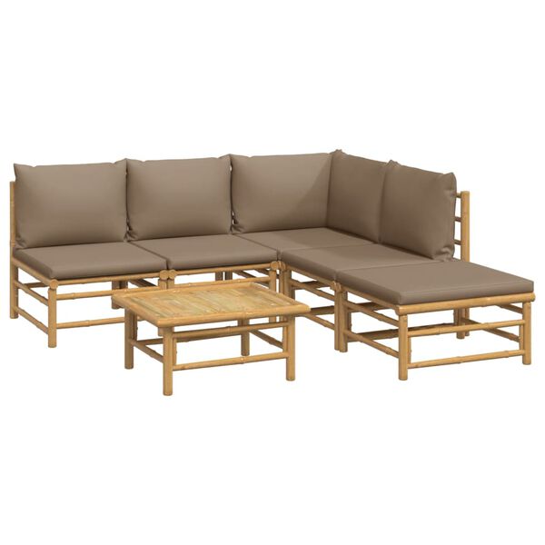 vidaXL 6 pcs conj. lounge jardim bambu almofadões cinzento-acastanhado