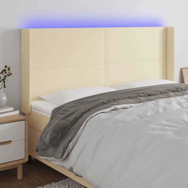 vidaXL Cabeceira cama c/ LED 203x16x118/128 cm couro artificial cr&egrave;me