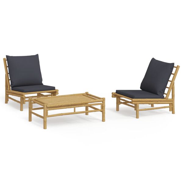 vidaXL 3pcs conj. lounge de jardim bambu c/ almofadões cinzento-escuro