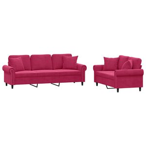 vidaXL 2 pcs conjunto de sof&aacute;s com almofadas veludo vermelho-tinto