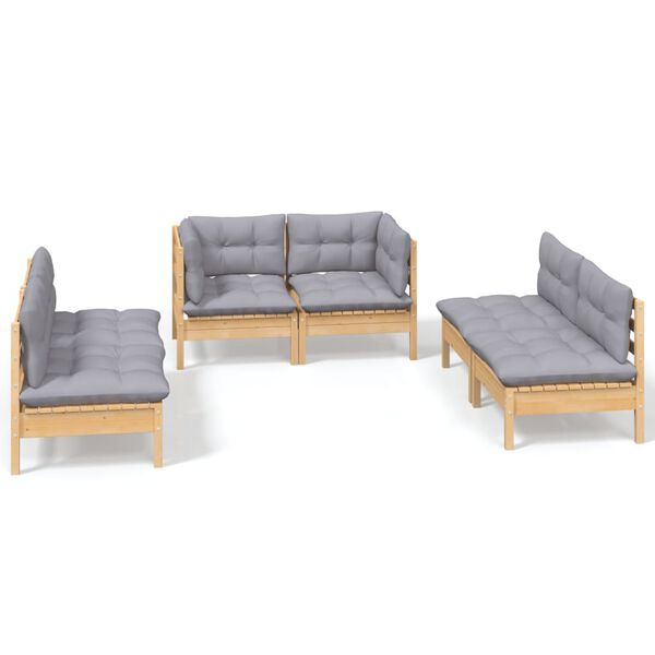 vidaXL 6 pcs conjunto lounge de jardim + almofadões cinza pinho maciço