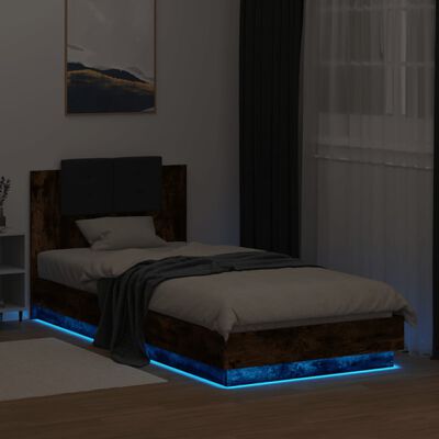 vidaXL Estrutura cama c/ cabeceira/luzes LED 90x200 cm carvalho fumado