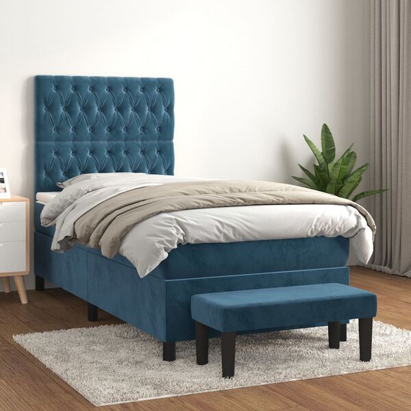 vidaXL Cama com molas/colch&atilde;o 100x200 cm veludo azul-escuro