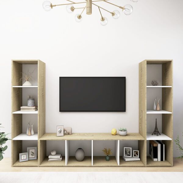 vidaXL M&oacute;veis de TV 3pcs 142,5x35x36,5cm contrapl. branco/carv. sonoma