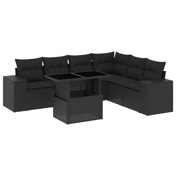 vidaXL 7 pcs conjunto de sof&aacute;s p/ jardim c/ almofad&otilde;es vime PE preto
