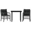vidaXL 3 pcs conjunto de bistr&ocirc; com almofad&otilde;es vime PE preto