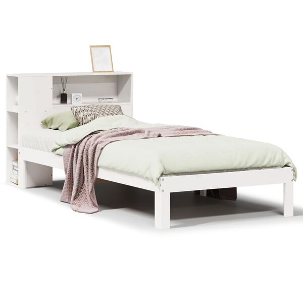 vidaXL Cama com estante sem colch&atilde;o 90x200 cm pinho maci&ccedil;o branco