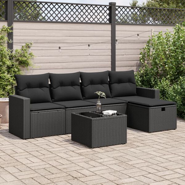 vidaXL 6 pcs conjunto sof&aacute;s de jardim c/ almofad&otilde;es vime PE preto