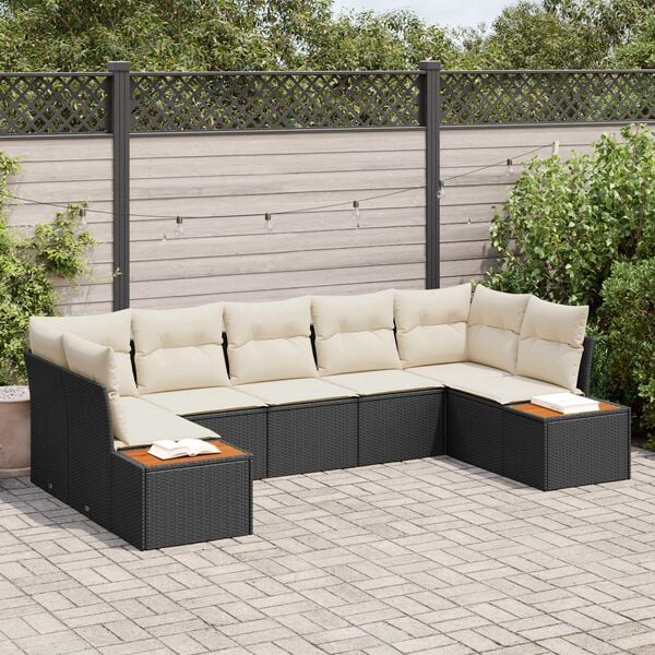 vidaXL Conjunto de Sof&aacute; de Jardim 7 pcs Preto e Creme Polirattan