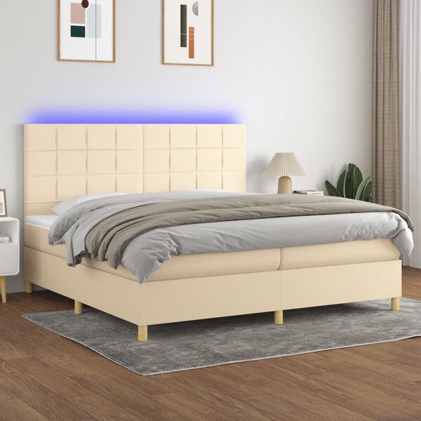 vidaXL Cama box spring c/ colch&atilde;o e LED 200x200 cm tecido cor creme
