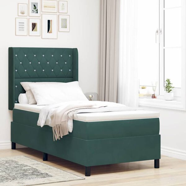 vidaXL Cama Box Spring com LED e Colch&atilde;o Verde-escuro 90 x 200 cm