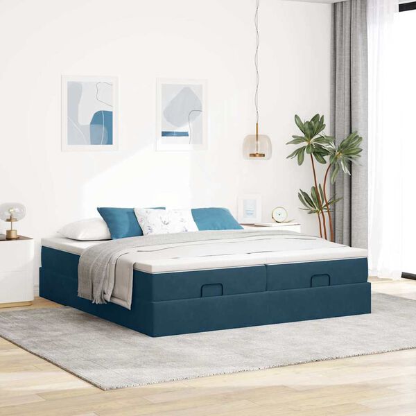 vidaXL Estrutura de cama otomana com colch&atilde;o azul escuro veludo