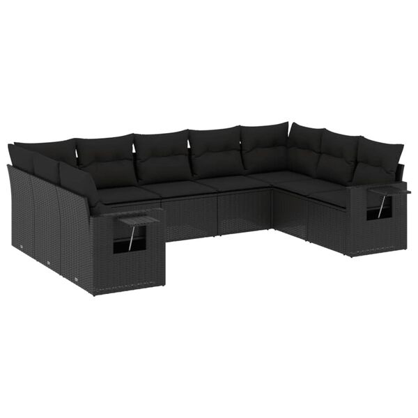 vidaXL 9 pcs conjunto de sof&aacute;s p/ jardim c/ almofad&otilde;es vime PE preto