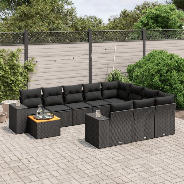 vidaXL 11 pcs conjunto sof&aacute;s de jardim c/ almofad&otilde;es vime PE preto