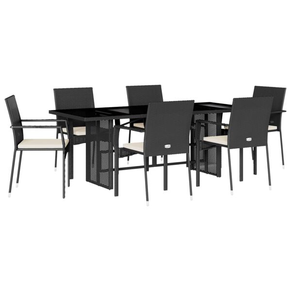 vidaXL 7 pcs conjunto de jantar p/ jardim c/ almofad&otilde;es vime PE preto