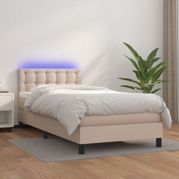 vidaXL Cama box spring c/ colch&atilde;o/LED 90x200cm couro artif. cappuccino