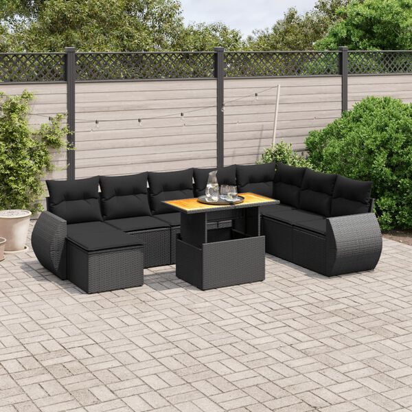 vidaXL 9 pcs conjunto de sof&aacute;s p/ jardim c/ almofad&otilde;es vime PE preto