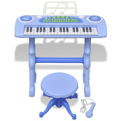 Piano brinquedo com banco/microfone, 37 teclas, azul