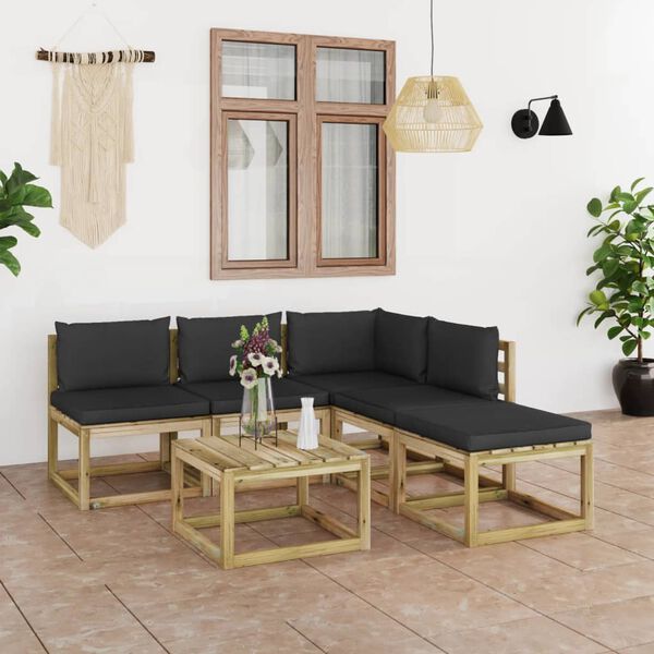 vidaXL 6 pcs conjunto lounge de jardim c/ almofad&otilde;es pretos